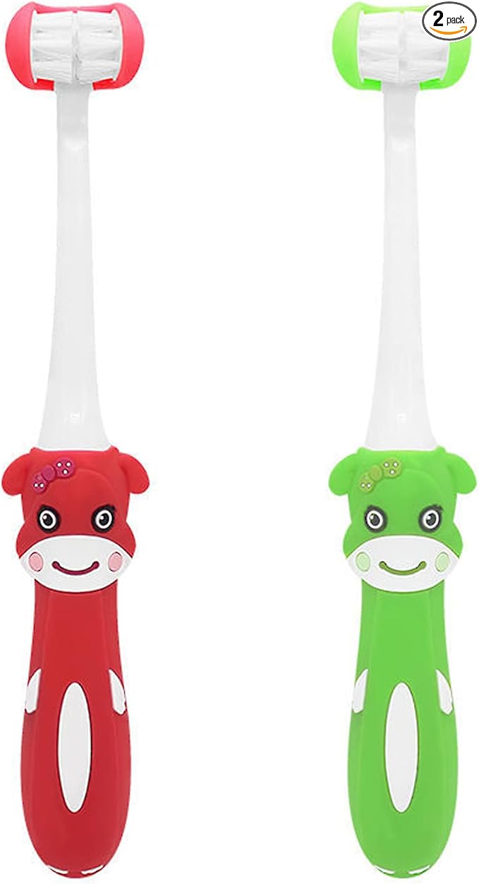 2 Pieces 3 Sided Toddler Toothbrush, Three Bristles for Kids Toothbrush, Autism Soft Bristles Toothbrush,Soft and Gentle for Complete Tooth and Gum Care (C4（Red+Green） Kids)