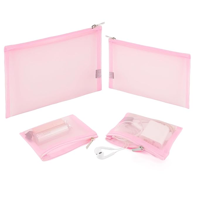 EASYFUN Mesh Pouch, Make up Bag with Zipper Cosmetic Organizer Pouch for Daily or Travel to Keep Small Items, 4 PCS Pink