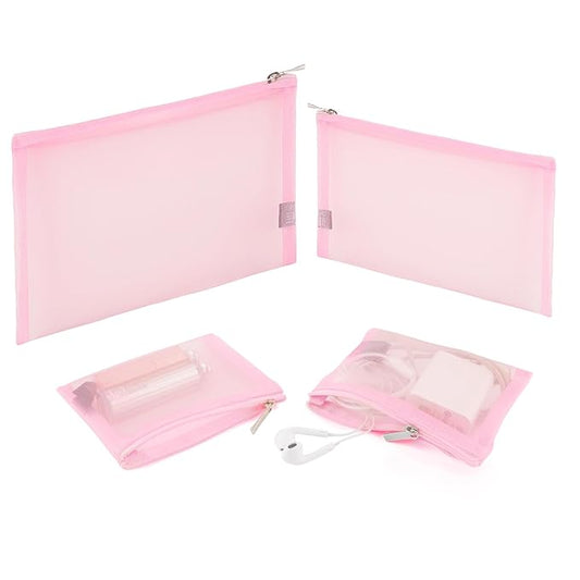 EASYFUN Mesh Pouch, Make up Bag with Zipper Cosmetic Organizer Pouch for Daily or Travel to Keep Small Items, 4 PCS Pink