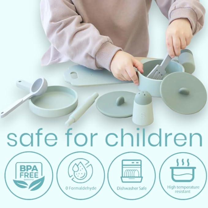 Kids Kitchen Silicone Pretend Toys- 9pcs Play Kitchen Accessories Set with Cookware -Food Grade Silicone -Kids Toy Kitchen Accessories – Pretend Play Kitchen Toy Set for Cooking-Green