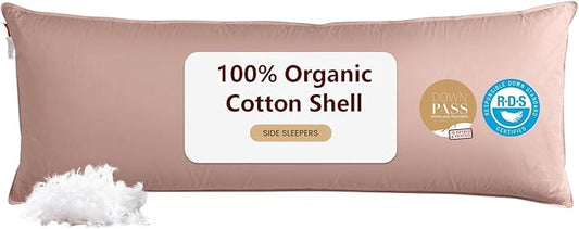 Goose Down Body Pillows for Adults, Large Body Pillow for Side Sleeper, Hugging Feather Body Pillow Insert, Cooling Full Length Long Pillow for Bed with 100% Organic Cotton Shell, 20"x72" Pink