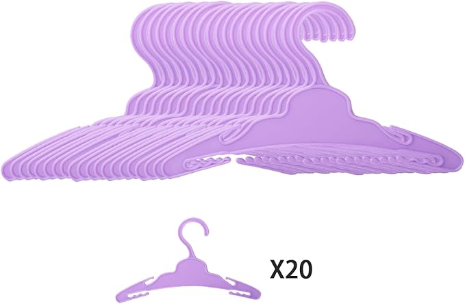 20 Pcs Doll Hangers for 12/14/16 Inches Dolls Clothes, Purple Doll Hangers, Sturdy Doll Hangers Accessories, Work Great with Rod Less Than 1/2 inch Diameter, Made of Safe ABS Plastic