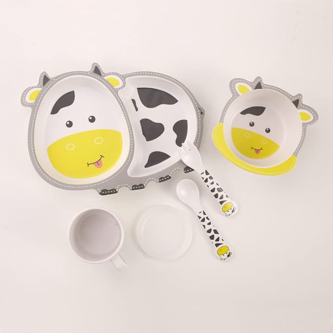 Kids Dinnerware Set Bamboo 5 Pcs with Plate Bowl Cup Fork Spoon (Cow)