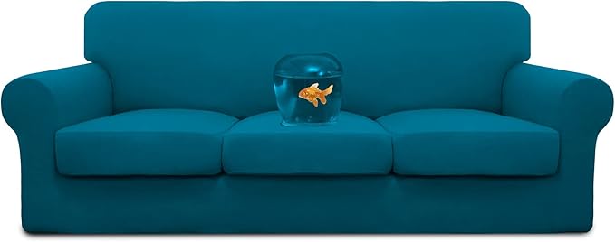 Easy-Going 100% Dual Waterproof Oversized Cover Stretch Soft Couch Cover for Dogs, Sofa Slipcover for 3 Separate Cushion Couch Leakproof Furniture Protector for Kids, Pets Peacock Blue