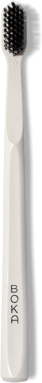 Boka Classic Manual Toothbrush with Extra Soft Activated-Charcoal, Tapered Bristles, Bioplastic Handle That Includes Travel Cap, Dentist-Approved, Great for Adults and Kids, White (Pack of 1)