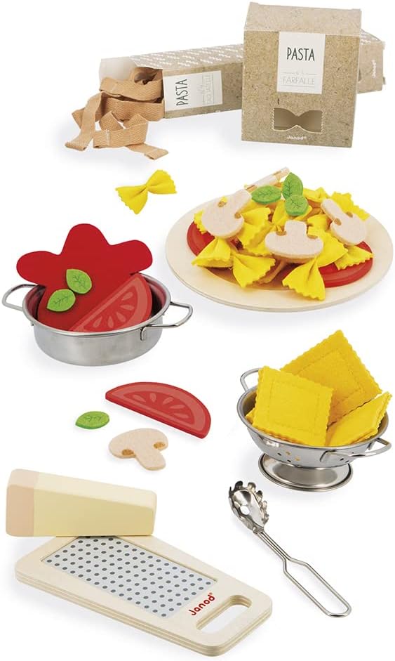 Janod - Pasta Mix - Pasta Set - Pretend Play Kitchen & Tea Set Toy - 58 Wooden, Cardboard and Felt Pieces Included - Water-Based Paints - 3 Years + J06598