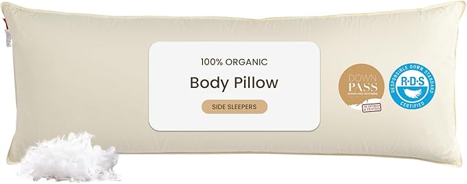 Goose Down Body Pillows for Adults, Large Body Pillow for Side Sleeper, Hugging Feather Body Pillow Insert, Cooling Full Length Long Pillow for Bed with 100% Organic Cotton Shell, Beige 20"x54"