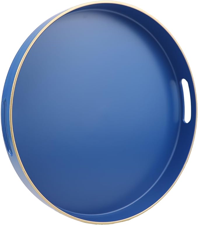 Omuriko Royal Blue Round Decorative Tray with Handles, 13" Versatile Serving Tray for Coffee Table, Ottoman, Ideal for Serving, Displaying, Organizing