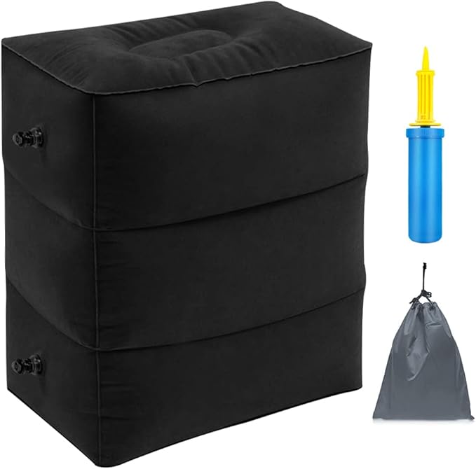 Travel Foot Rest Pillow, Portable Inflatable with Double Hand Pump Adjustable Three Layers Height Pillow for Foot Rest on Airplanes,Cars,Buses,Trains,Office Kids to Sleep on Long Flights (Black)