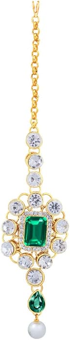 Aheli Kundan and Simulated Colored Stones Indian Ethnic Maang Tikka Necklace and Earrings Set Bollywood Festive Statement Jewelry Gift for Women