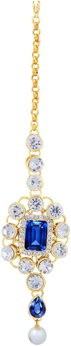 Aheli Kundan and Simulated Colored Stones Indian Ethnic Maang Tikka Necklace and Earrings Set Bollywood Festive Statement Jewelry Gift for Women