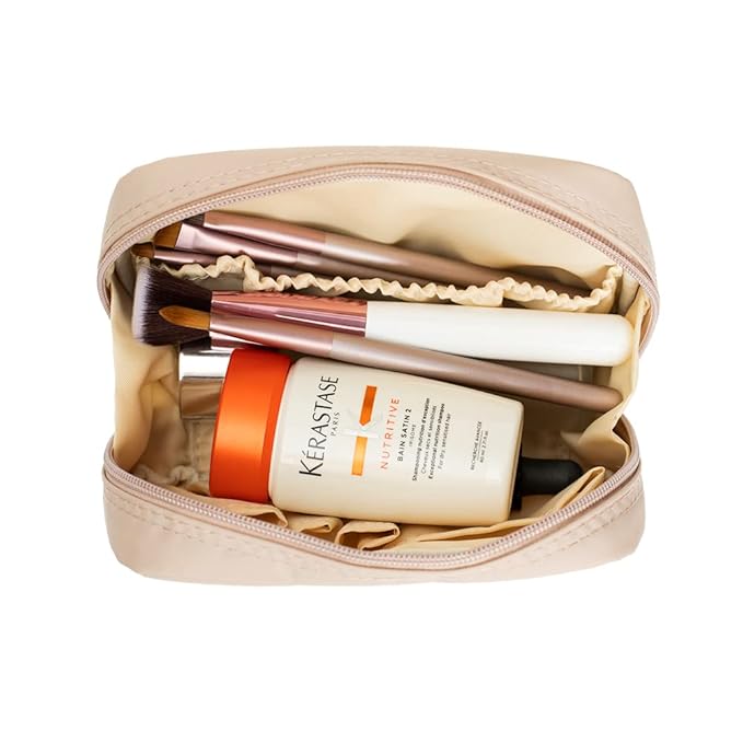 Hekyip Rectangular Beauty Bag, Small Travel Makeup Bag for Purse, Portable Waterproof Cosmetic Pouch for Ladies Women (Rectangular - Beige)