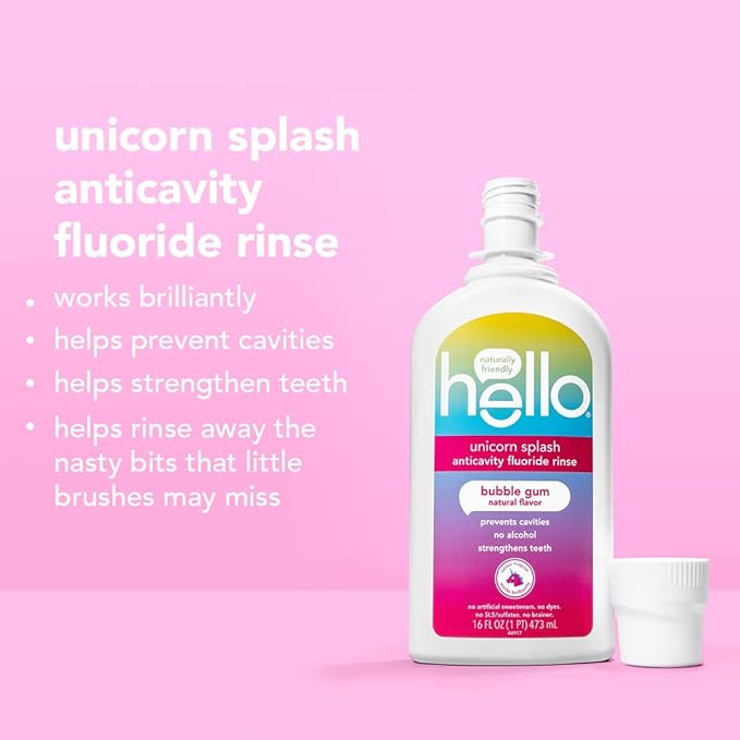 Hello Kids Mouthwash with Unicorn Bubble Gum Flavor, Alcohol Free Mouthwash for Kids with Fluoride, Safe for Ages 6 and Up, Anticavity, Vegan, No Alcohol, No Dyes, 16 Oz Bottles (Pack of 3)