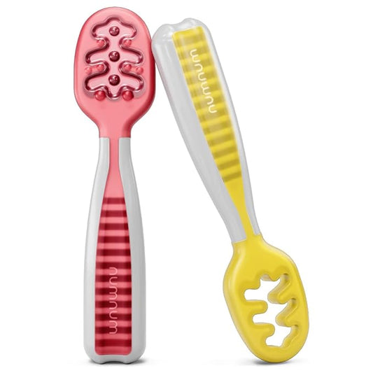 NumNum Baby Spoons Set, Pre-Spoon GOOtensils for Kids Aged 6+ Months - First Stage, Baby Led Weaning (BLW) Spoon - Self Feeding, Silicone Toddler Food Utensils - 2 Spoons, Red/Yellow