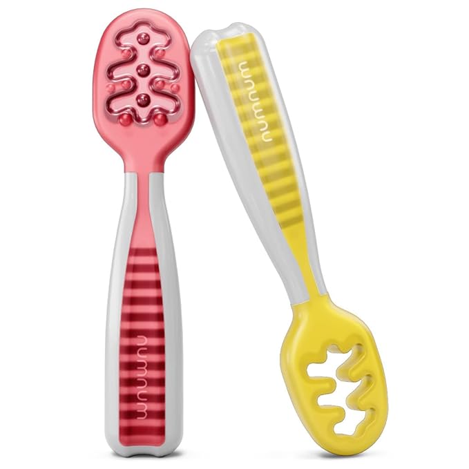 NumNum Baby Spoons Set, Pre-Spoon GOOtensils for Kids Aged 6+ Months - First Stage, Baby Led Weaning (BLW) Spoon - Self Feeding, Silicone Toddler Food Utensils - 2 Spoons, Red/Yellow