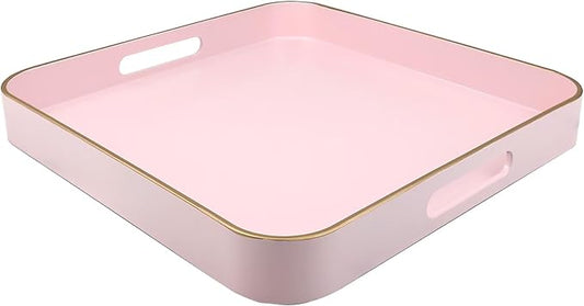 Omuriko Pink Square Decorative Tray with Handles, 13"*13" Versatile Serving Tray for Coffee Table, Ottoman, Ideal for Serving, Displaying, Organizing