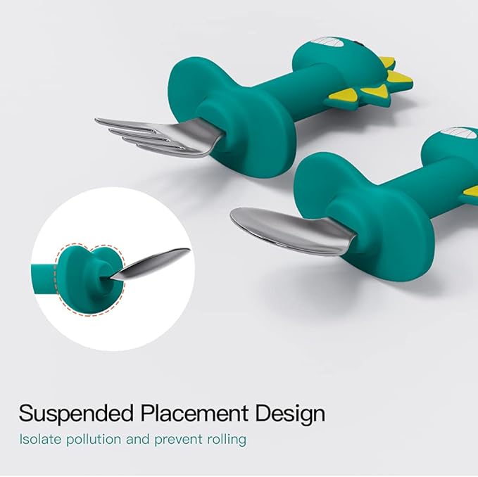 Toddler Utensils Stainless Steel Forks and Spoons Safe Children's Cutlery Set Handle Cartoon Cute for Baby (Green Dinosaur - Short)