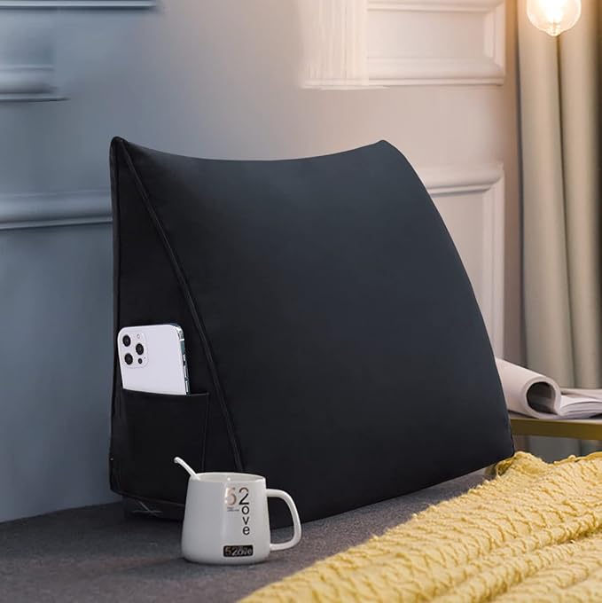 Bed Wedge Pillow for Headboard Small Bolster Pillow Reading Pillows for Sitting Up in Bed Adult, Triangular Backrest Cushion Book Pillows for Daybed Couch Support Upholstered Black