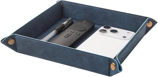 WAYIFON Valet Tray Desktop Storage Organizer – Premium PU Leather Catchall Bedside Vanity Tray Nightstand Caddy Holder for Remote Controller, Keys, Phone, Wallet, Coin, Jewelry,Blue