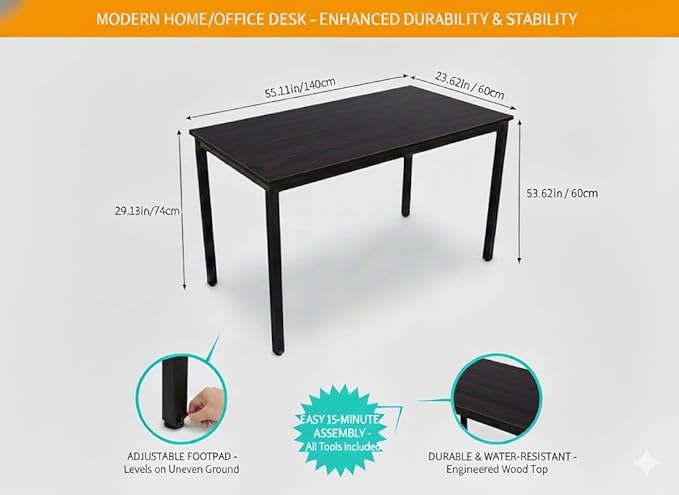 55 inch Large Computer Desk Wood, Modern Simple Style Desk for Home Office, Bedroom, Study Student Writing Desk, Small Spaces, Black Metal Frame, Dark Walnut Top