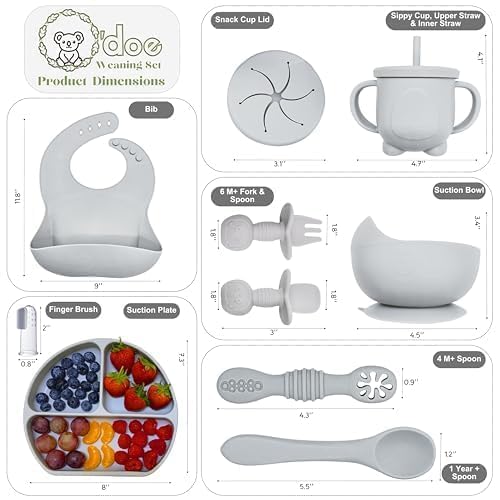 O'doe 11-Piece BPA-Free Silicone Baby Feeding Set | Thick & Soft Suction Plates, Baby Bowls, Wooden Fork & Spoon, and More | Make Mealtime Fun and Easy for Your Little One (Grey, V1)