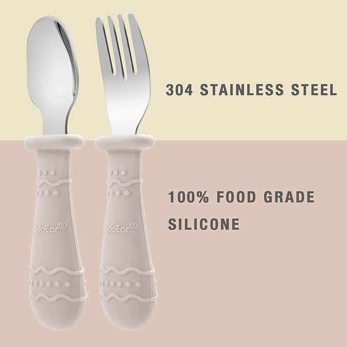 PandaEar Toddler Utensils, 6 Pack Kids Spoons and Forks, 18/8 Stainless Steel & Food Grade Silicone Children Silverware Set, Dishwasher Safe (Light Tan/Walnut/Blue)
