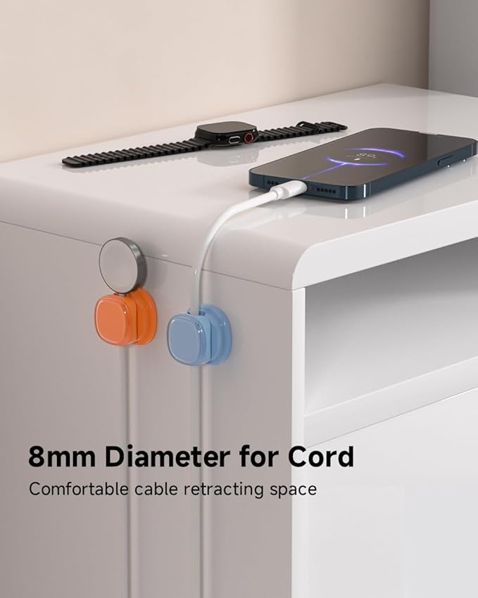 9 Pack Cord Organizer, Spring Cable Management, Adhesive Cute Cable Holder Clips, Phone Charger Wire Keeper for Desk Nightstand Car Office (9-Pack White_Orange_Blue)