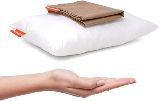 Pipsqueak Small | Tiny | Mini Pillow with Name Tag - 11in x 7in x 2.5in - Machine Washable - White Pillow with Khaki Case