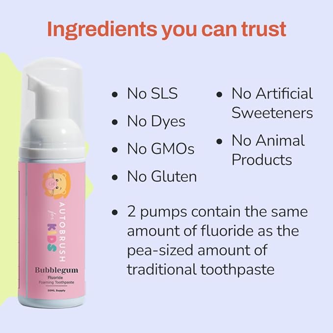 autobrush Kids Fluoride-Free Foaming Toothpaste Bubblegum Flavor for Electric or U-Shaped Toothbrush, SLS-Free, Training Toothpaste, Anti-Cavity (2 Pack)