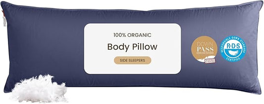 Goose Down Body Pillows for Adults, Large Body Pillow for Side Sleeper, Hugging Feather Body Pillow Insert, Cooling Full Length Long Pillow for Bed with 100% Organic Cotton Shell, (Navy Blue 20"x54")