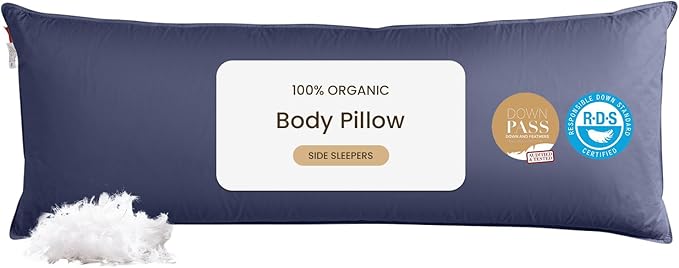 Goose Down Body Pillow for Side Sleeper, Long Body Pillows for Adults, Large Hugging Feather Body Pillow Insert, Cooling Full Length Pillow for Bed with 100% Organic Cotton Shell, Navy Blue 20"x72"