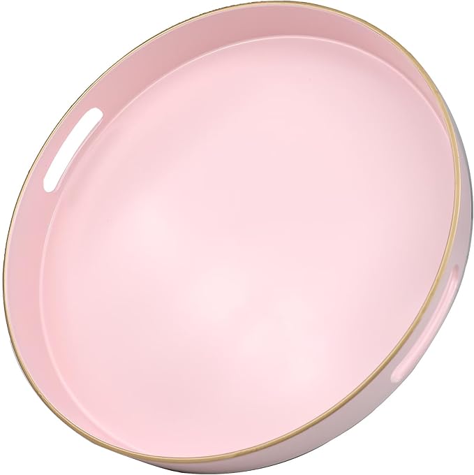 Omuriko Pink Round Decorative Tray with Handles, 13" Versatile Serving Tray for Coffee Table, Ottoman, Ideal for Serving, Displaying, Organizing