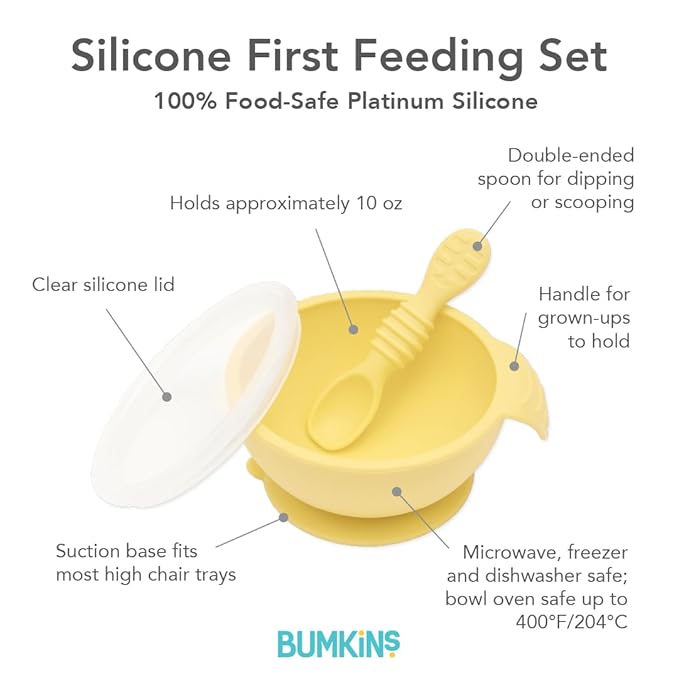 Bumkins Baby Bowl, Silicone Feeding Set with Suction for Baby and Toddler, Includes Spoon and Lid, First Feeding Set, Training Essentials for Baby Led Weaning for Babies 4 Months Up, Pineapple