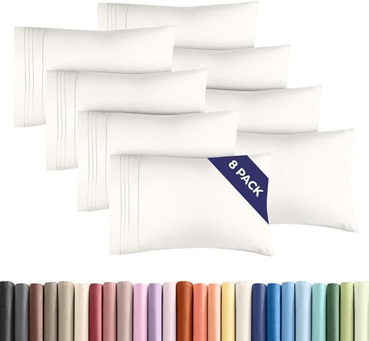 Queen Pillow Cases Set of 8 - Ultra Soft Hotel Quality Pillowcase Covers - Comfy & Wrinkle Free - Shrink, Stain and Fade Resistant - Machine Washable Pillow Protectors - 8 Piece Set - Antique White