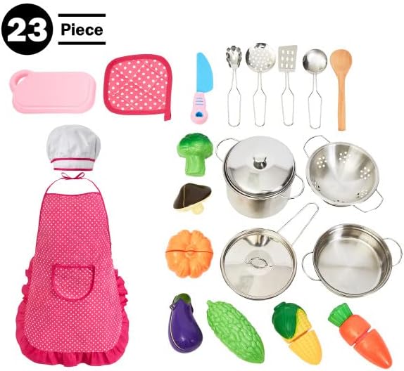 Hey! Play! Play Kitchen Accessories ? 23-Piece Child Chef Set with Toy Cookware, Play Veggies, Utensils, and Plastic Storage Container, Pink (80-PP170014)