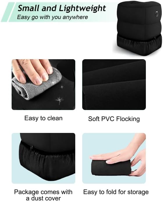 JefDiee Inflatable Travel Foot Rest Pillow, Kids Airplane Bed, Adjustable 3 Layers Height Leg Rest Pillow, Adults Travel Essentials Great for Airplane, Office, Home, Trains, Cars (Black)