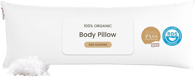 Goose Down Body Pillows for Adults, Large Body Pillow for Side Sleeper, Hugging Feather Body Pillow Insert, Cooling Full Length Long Pillow for Bed with 100% Organic Cotton Shell, White 20"x54"