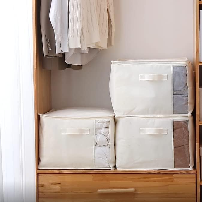 Canvas Comforters Bags Closet Organizers and Storage for Quilts Clothes Organization Containers Bins with Sturdy Zipper, Clear Window 75L for Sweaters Blankets Storage Bedroom Collapsible