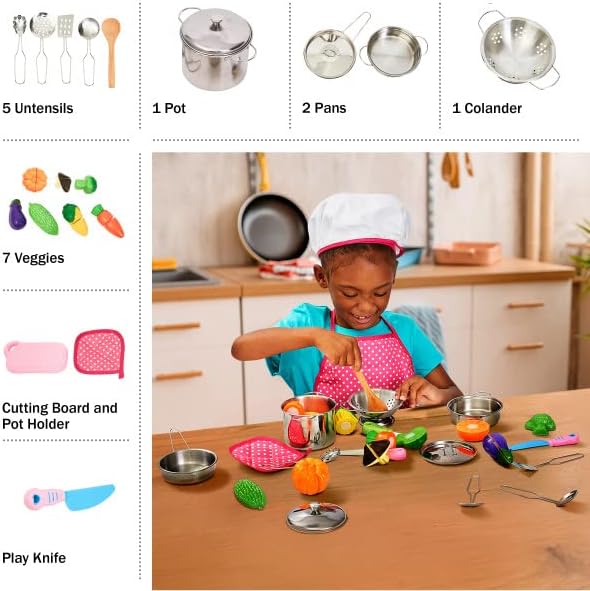 Hey! Play! Play Kitchen Accessories ? 23-Piece Child Chef Set with Toy Cookware, Play Veggies, Utensils, and Plastic Storage Container, Pink (80-PP170014)