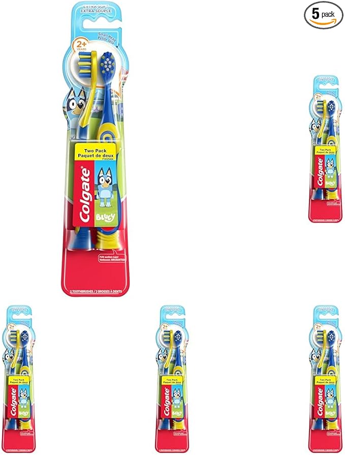 Colgate Bluey Extra Soft Toothbrush for Kids, Kids Toothbrush Pack with Built in Suction Cup Toothbrush Holder, Designed for Children Ages 2 and Up, Extra Soft Bristles, 2 Count (Pack of 5)