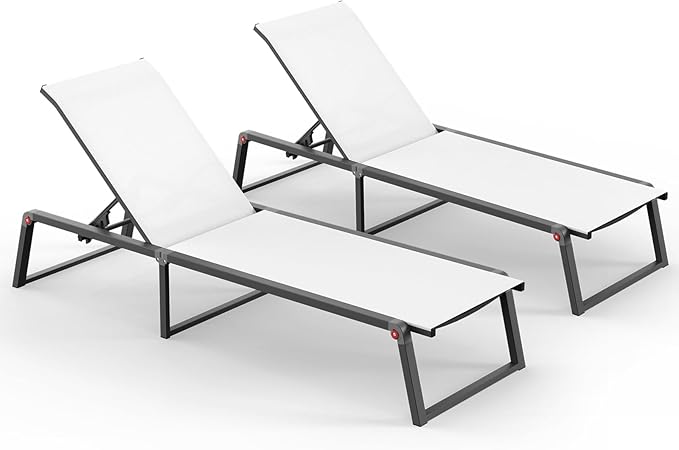 Aluminum Chaise Lounge Outdoor Set of 2, Foldable & Assembly Free Patio Pool Lounge Chairs 5-Position Recliner for Outside Poolside, Fully grounded legs Sun Lounger for Beach, Yard, Bright White