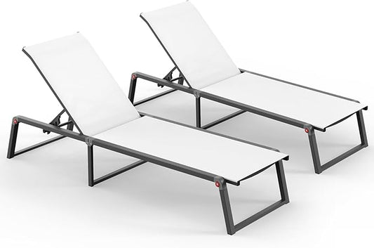 Aluminum Chaise Lounge Outdoor Set of 2, Foldable & Assembly Free Patio Pool Lounge Chairs 5-Position Recliner for Outside Poolside, Fully grounded legs Sun Lounger for Beach, Yard, Bright White