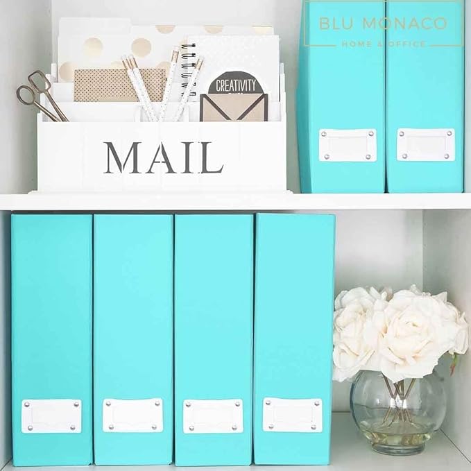 BLU MONACO Set of 6 Aqua Magazine File Holders | Foldable Magazine Storage Boxes with White Leather Label Holders | Vertical File Organizer for Desk, Shelves & Home Office