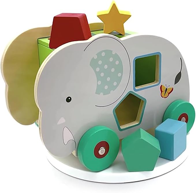 Orange Tree Toys: Shape Sorter: Jungle Elephant - Wooden Wheeled Animal Sorter, 6 Shape Blocks, Push-Pull-Sort, Educational Toy, Toddler & Kids Age 1+