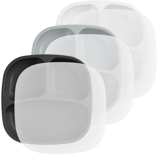 Re-Play Made in USA 7" Deep Walled Divided Plates for Kids, Set of 3 With 3 Lids - Reusable 3 Compartment Plates, Dishwasher and Microwave Safe - 7.37" x 7.37" x 1.25", Monochrome