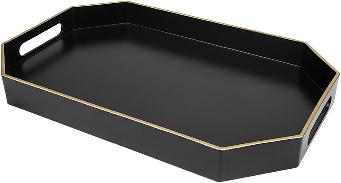 Omuriko Black Decorative Tray with Handles, Octagon Versatile Serving Tray for Coffee Table, Ottoman, Ideal for Serving, Displaying, Organizing