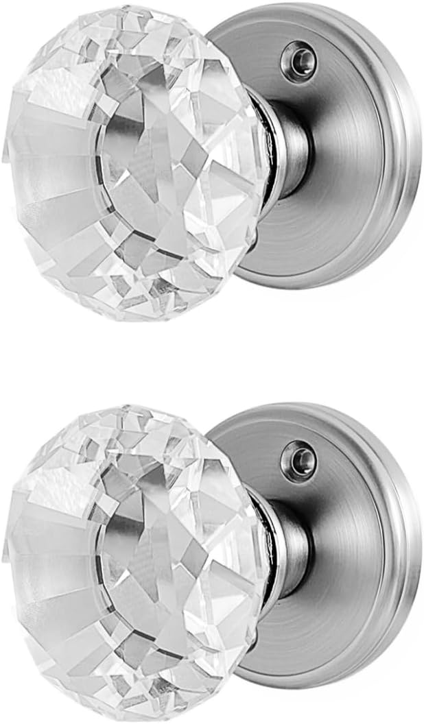 Silver Crystal Door Knob, Glass Door Knobs Interior Non-Locking Set, Antique Decorative Vintage Style for Hallway, Closet, Passage Doors, 2 Pack