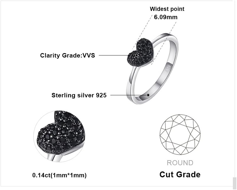 JewelryPalace Love Heart Genuine Black Spinel Rings for Her, 14K White Gold 925 Sterling Silver Promise Ring for Women, Natural Gemstone jewelry Sets Rings