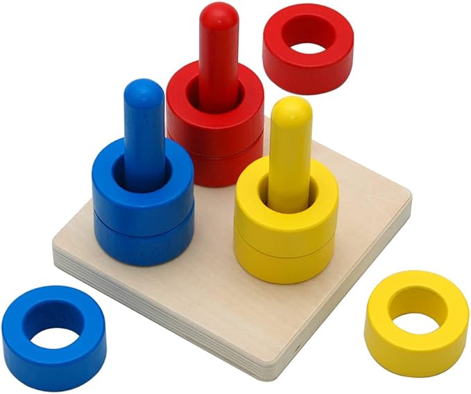 Elite Montessori 3 Wooden Colored Discs on Colored Dowels for 6+ Months, 1 Year Old Baby, Brain Development and Eye Hand Coordination Activities