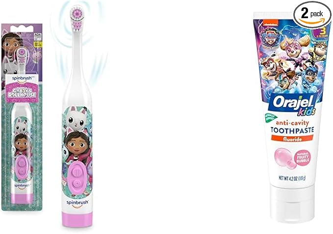 Spinbrush Gabby's Dollhouse Kids Electric Battery Toothbrush and Orajel Kids Paw Patrol Anti-Cavity Fluoride Toothpaste, 4.2oz Tube Bundle